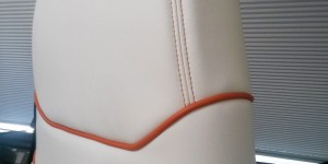 Détail siège sellerie en "Eco cuir" et jonc en cuir Nappanil orange